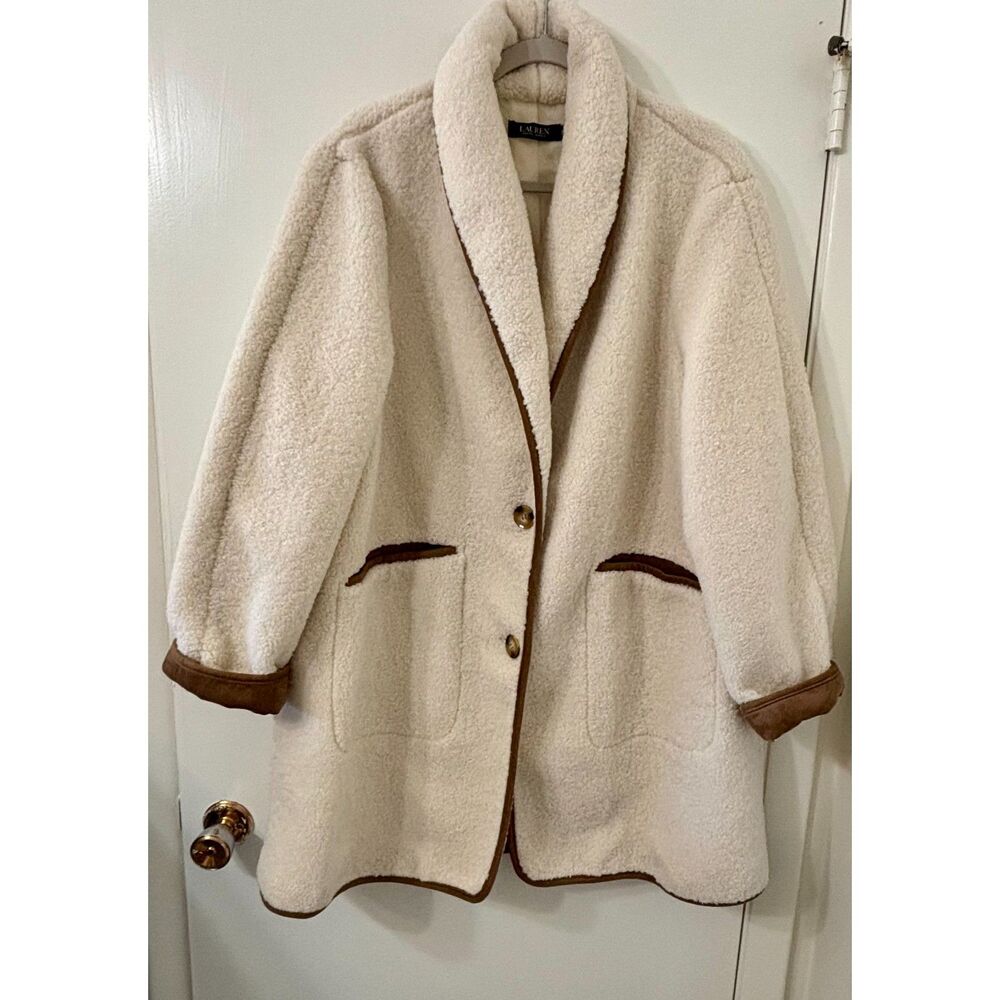NWOT Lauren Ralph Lauren XL Creamy White Nubby Fleece Faux Suede Trim Car Coat
